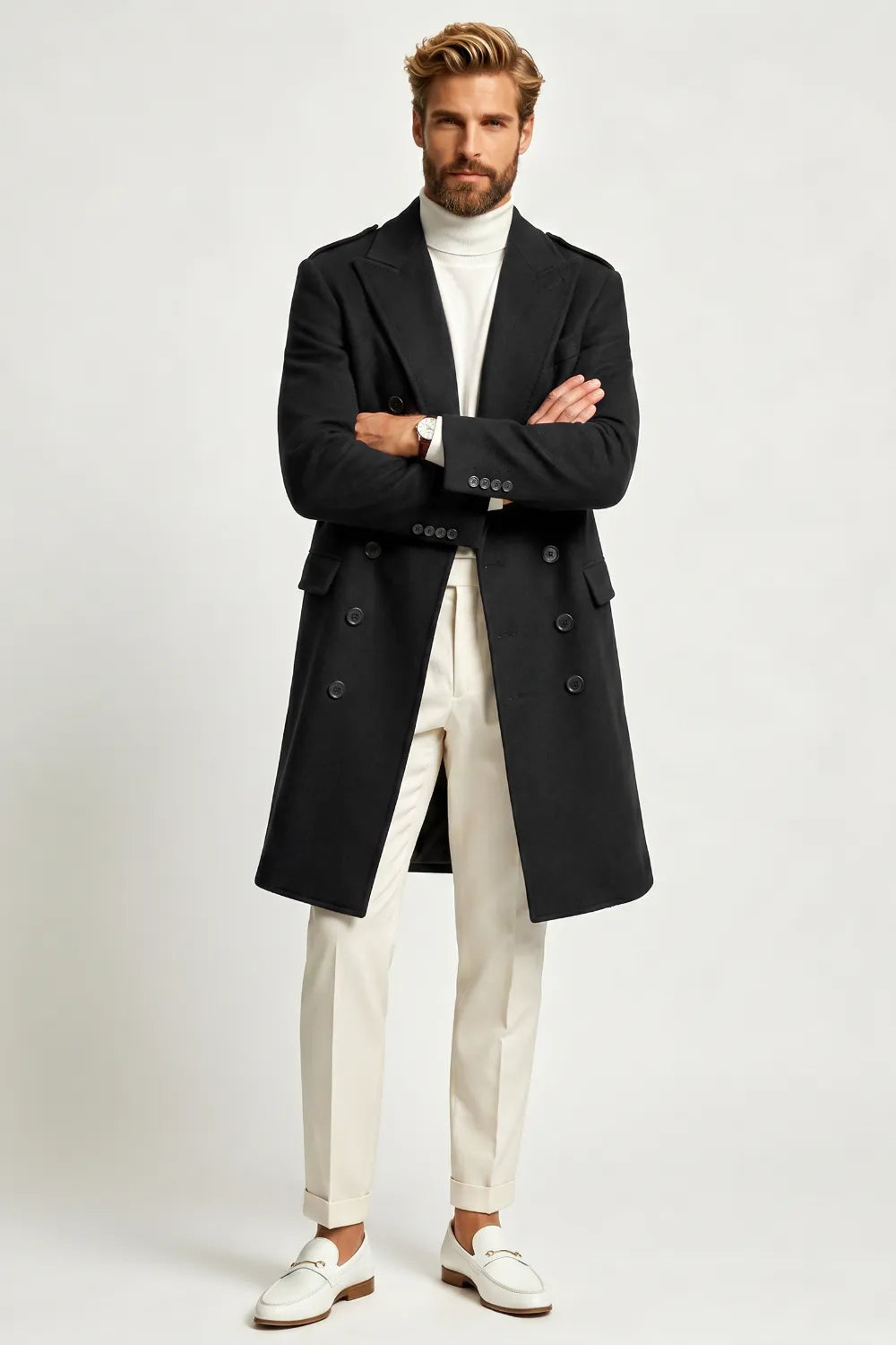 Men's Black Long Formal Overcoat