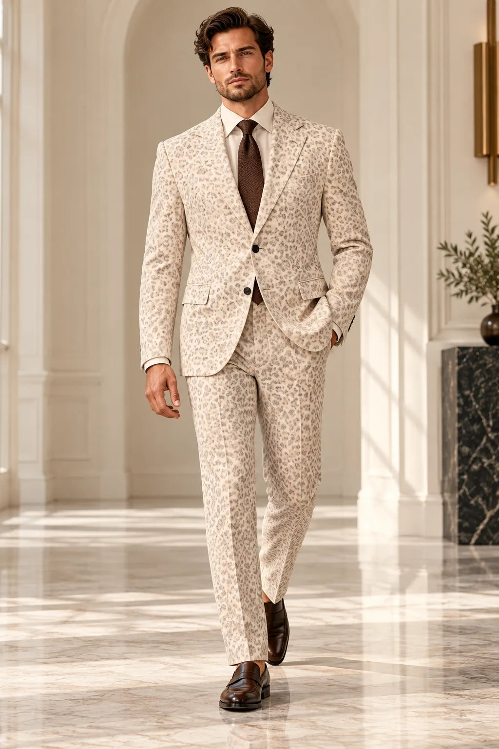 Men's Cream Animal Print 2 Piece Suit
