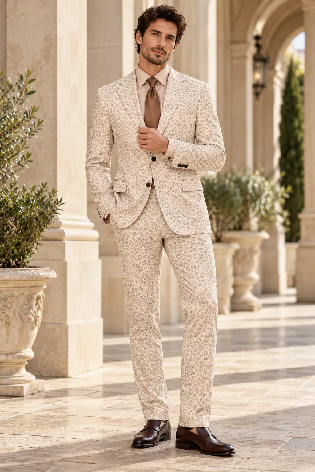 Men's Cream Animal Print 2 Piece Suit