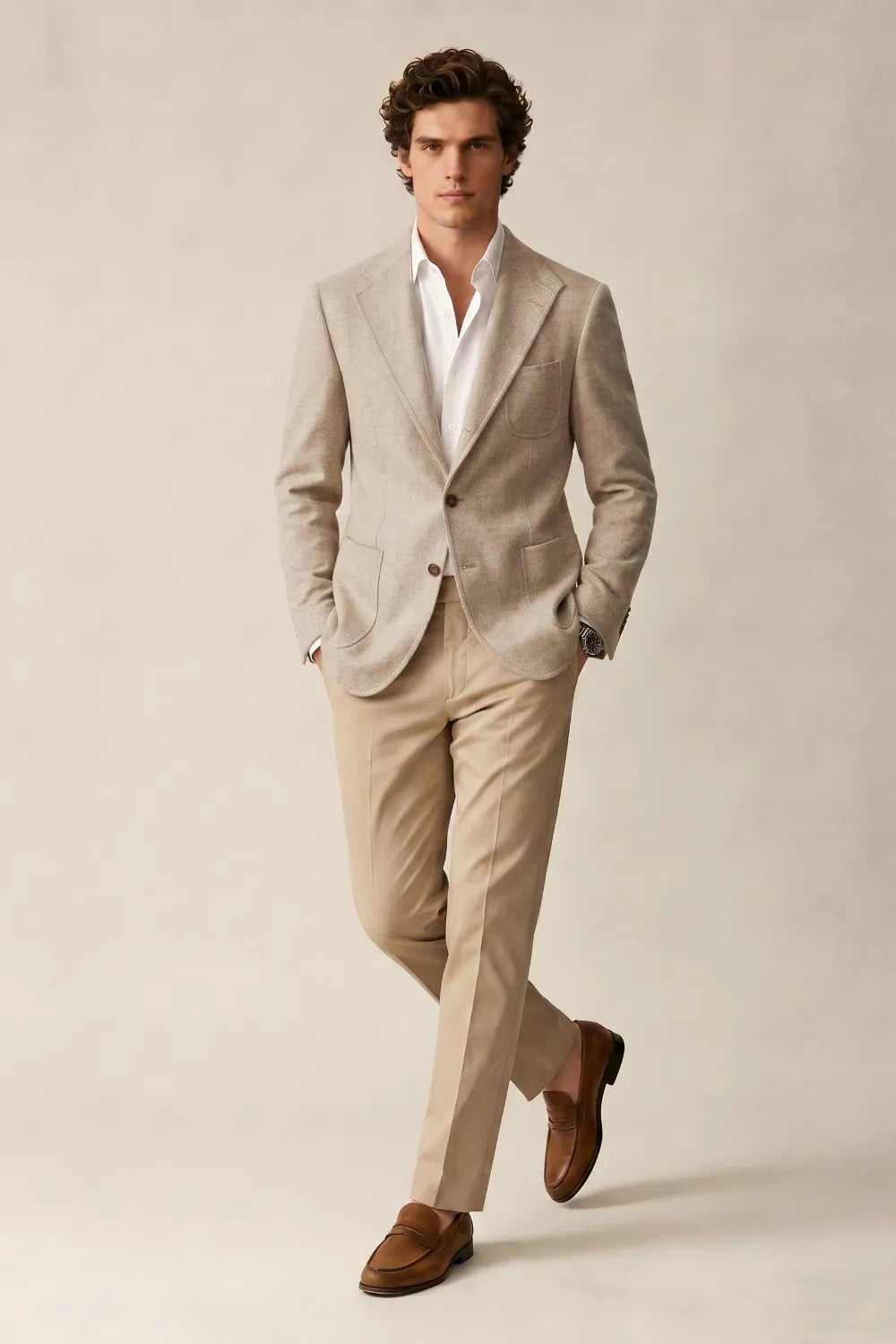 Men's Beige Notch Lapel Herringbone 2-Piece Suit