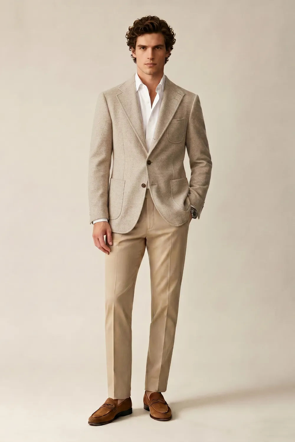 Men's Beige Notch Lapel Herringbone 2-Piece Suit