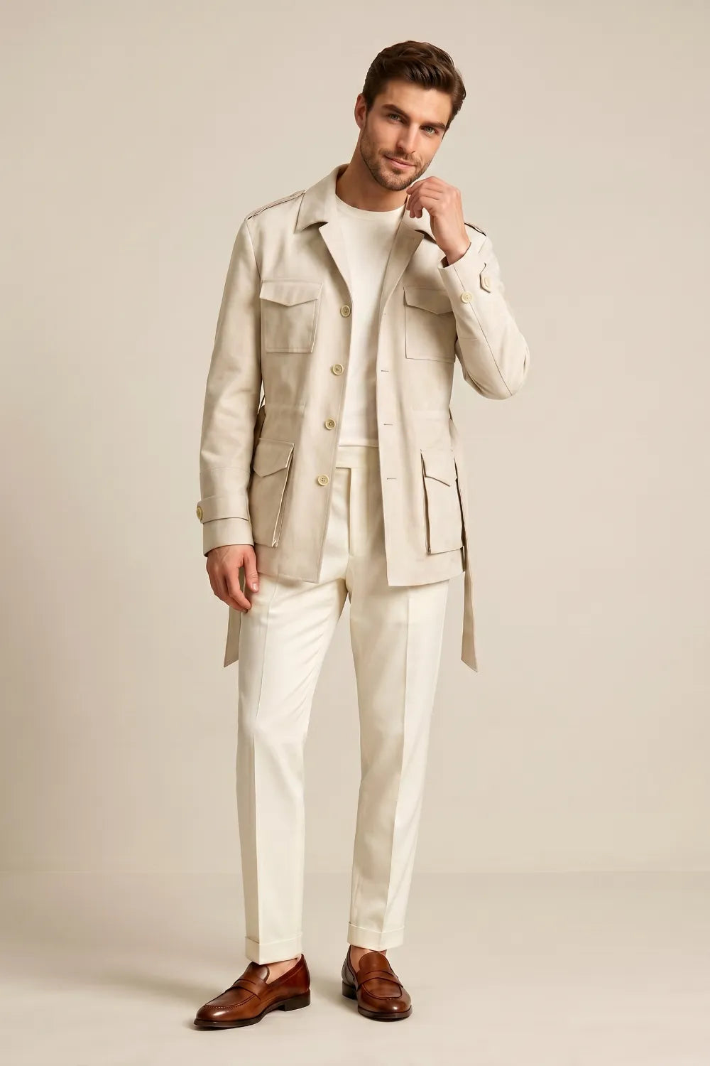 Men's Cream Belted Safari Utility Jacket