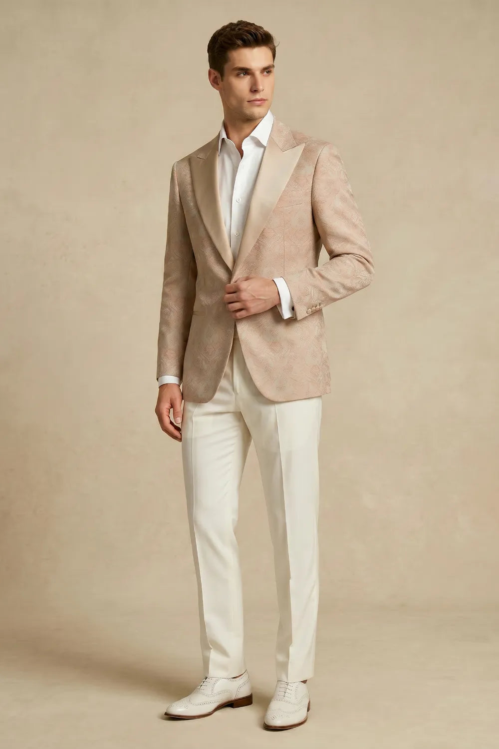 Men's Champagne Jacquard Peak Lapel 2-Piece Suit
