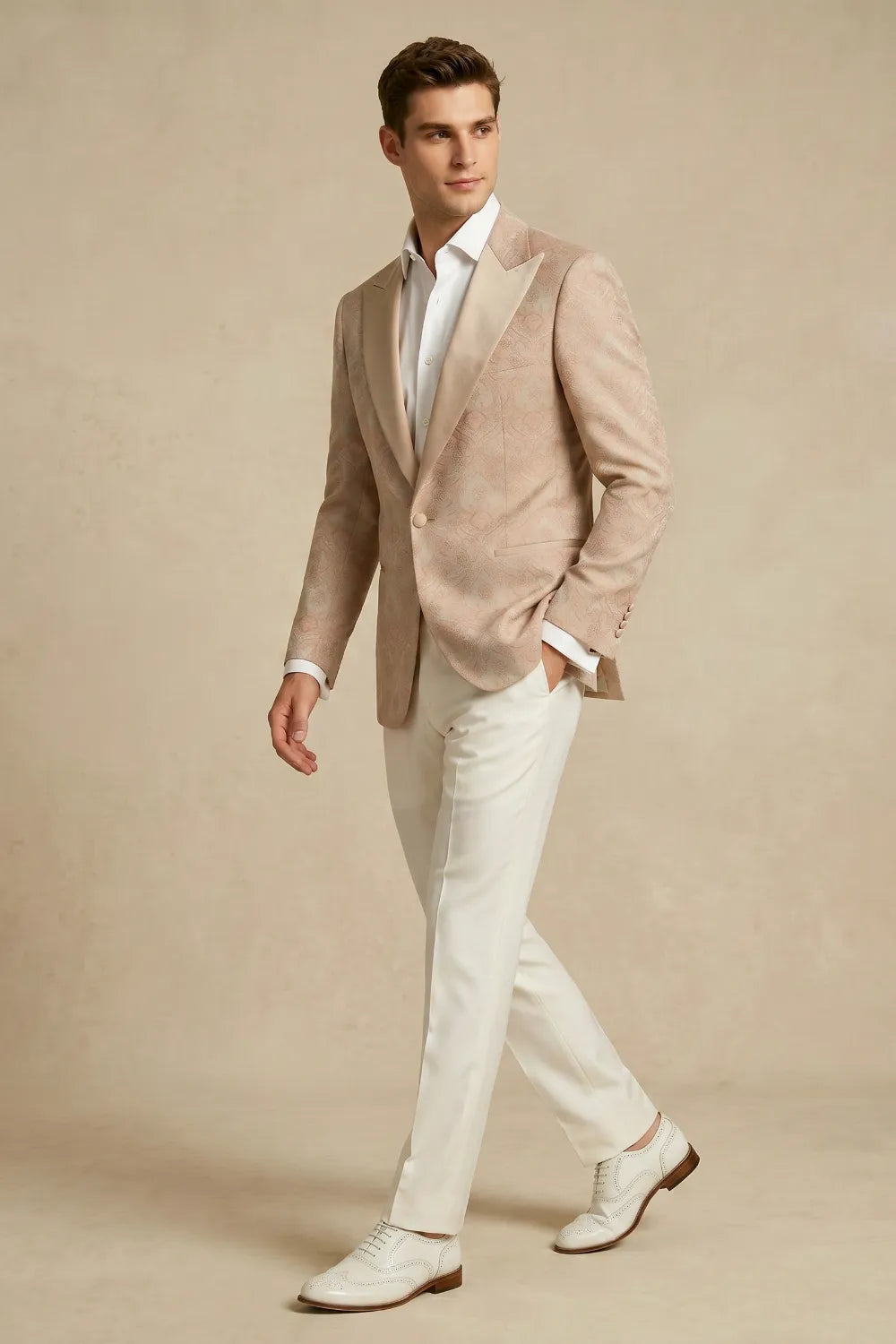 Men's Champagne Jacquard Peak Lapel 2-Piece Suit