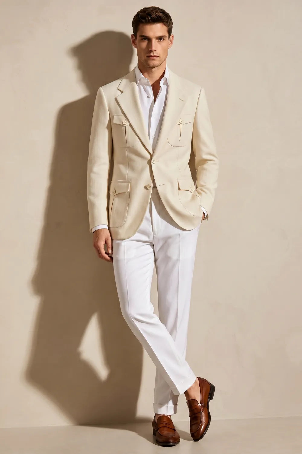 Men's Cream Safari Linen Blend 2 Piece Suit