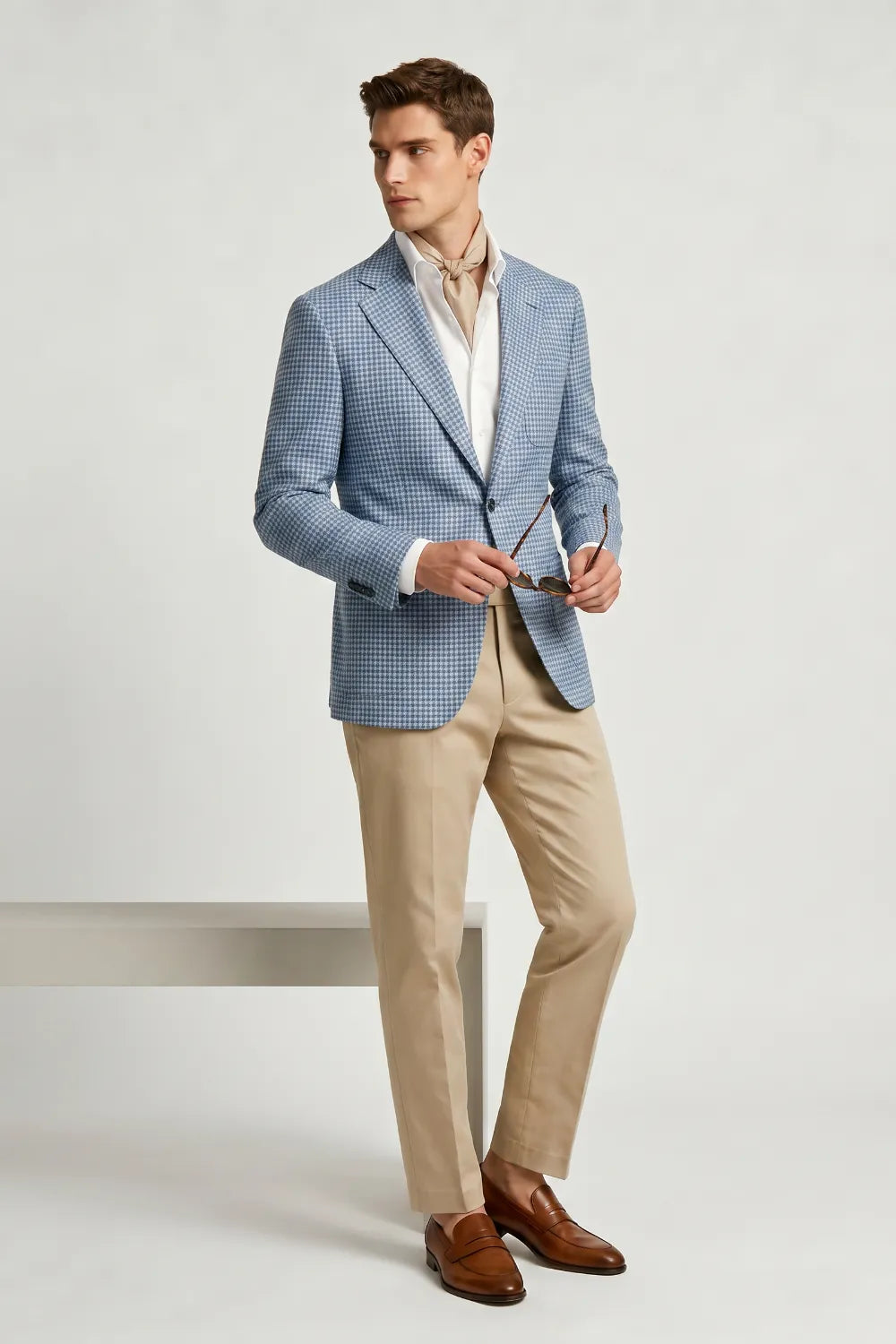 Men's Light Blue Houndstooth Notch Lapel Blazer