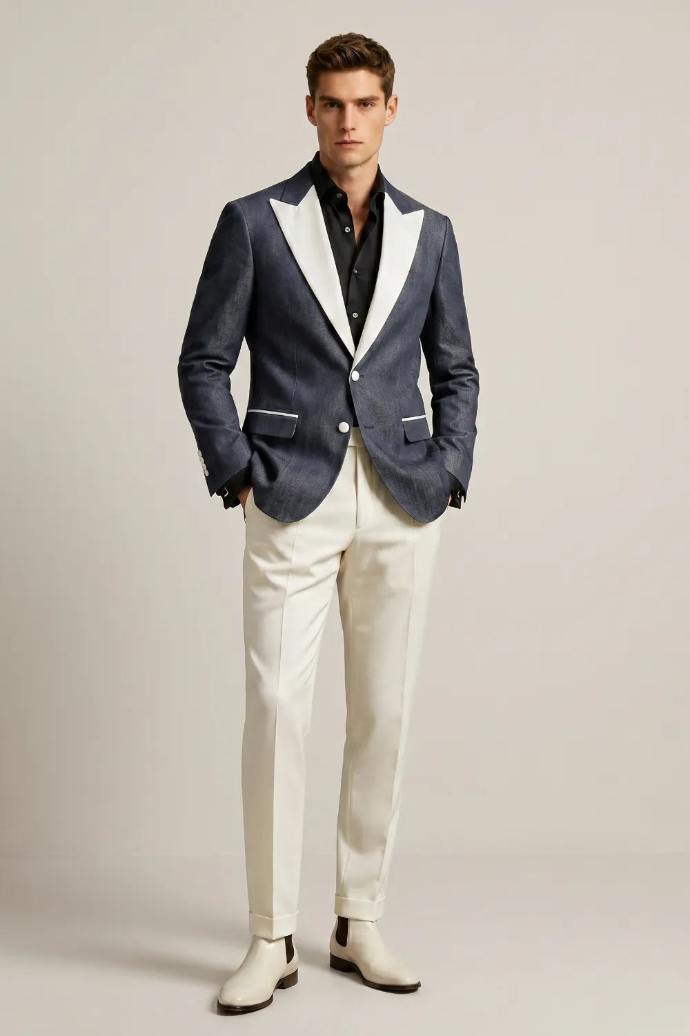 Men's Slate Blue Linen Blend Peak Lapel 2-Piece Suit