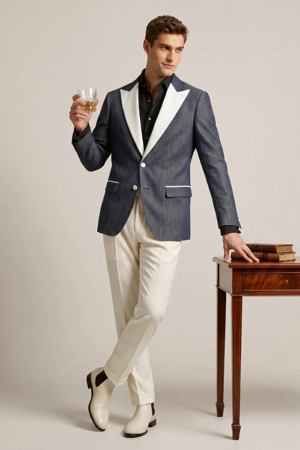 Men's Slate Blue Linen Blend Peak Lapel 2-Piece Suit