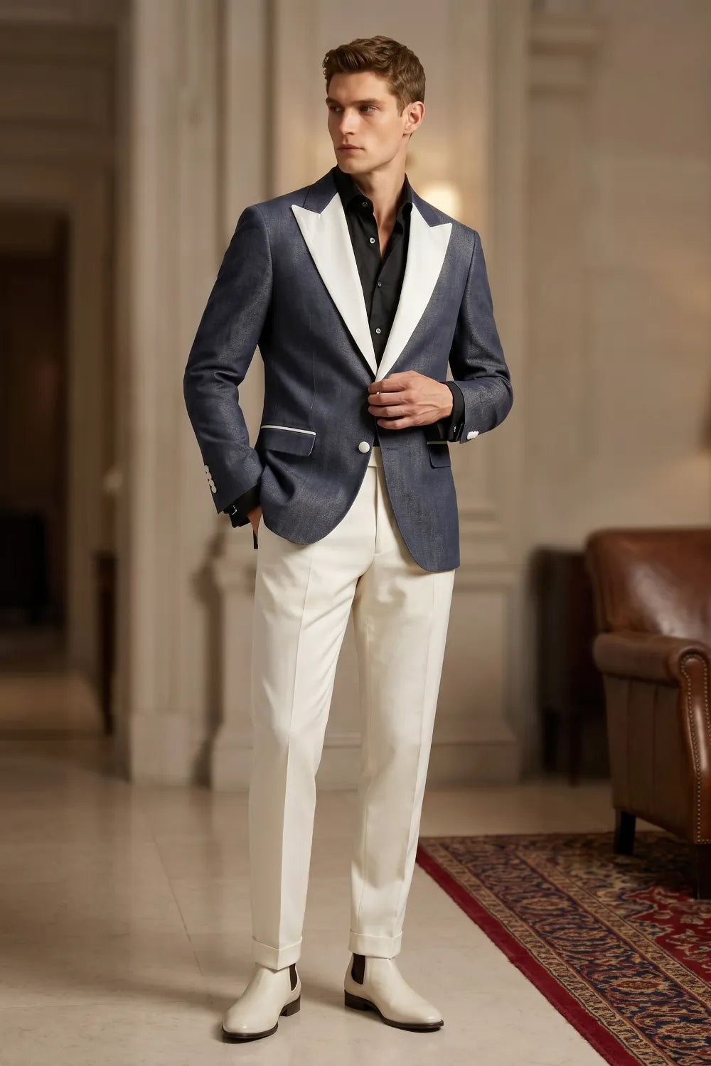 Men's Slate Blue Linen Blend Peak Lapel 2-Piece Suit