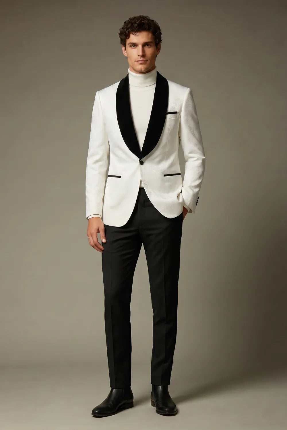 Men's White Jacquard Contrast Shawl Lapel Formal 2-Piece Suit