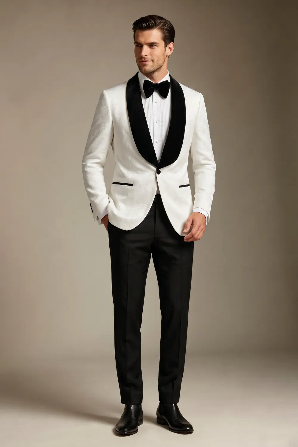 Men's White Jacquard Shawl Lapel Slim Fit 2-Piece Tuxedo Suit