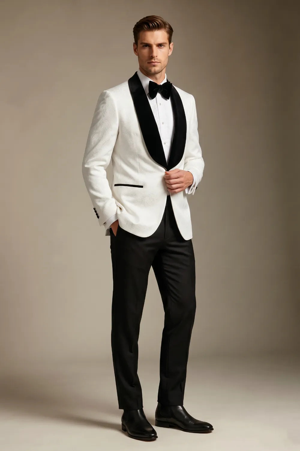 Men's White Jacquard Shawl Lapel Slim Fit 2-Piece Tuxedo Suit