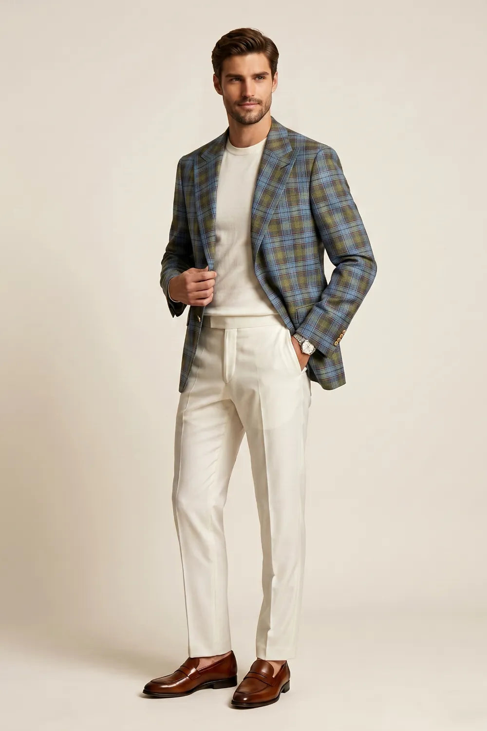 Men's Blue Green Tartan Peak Lapel 2 Piece Suit