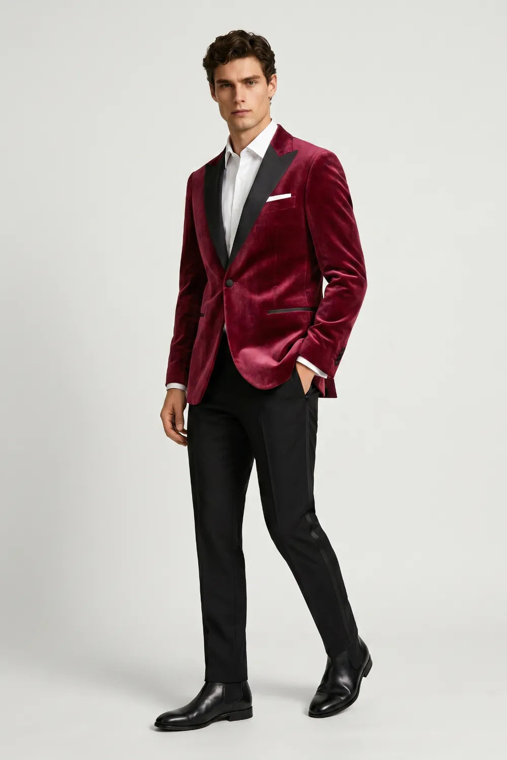 Men's Burgundy Velvet Peak Lapel 2-Piece Tuxedo Suit