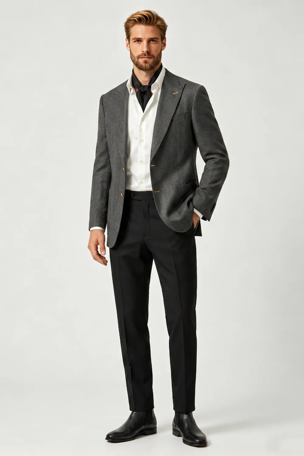 Men's Charcoal Gray Textured Peak Lapel 2 Piece Suit