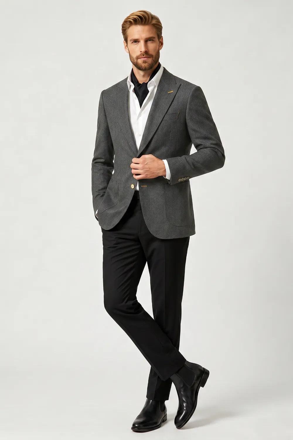 Men's Charcoal Gray Textured Peak Lapel 2 Piece Suit