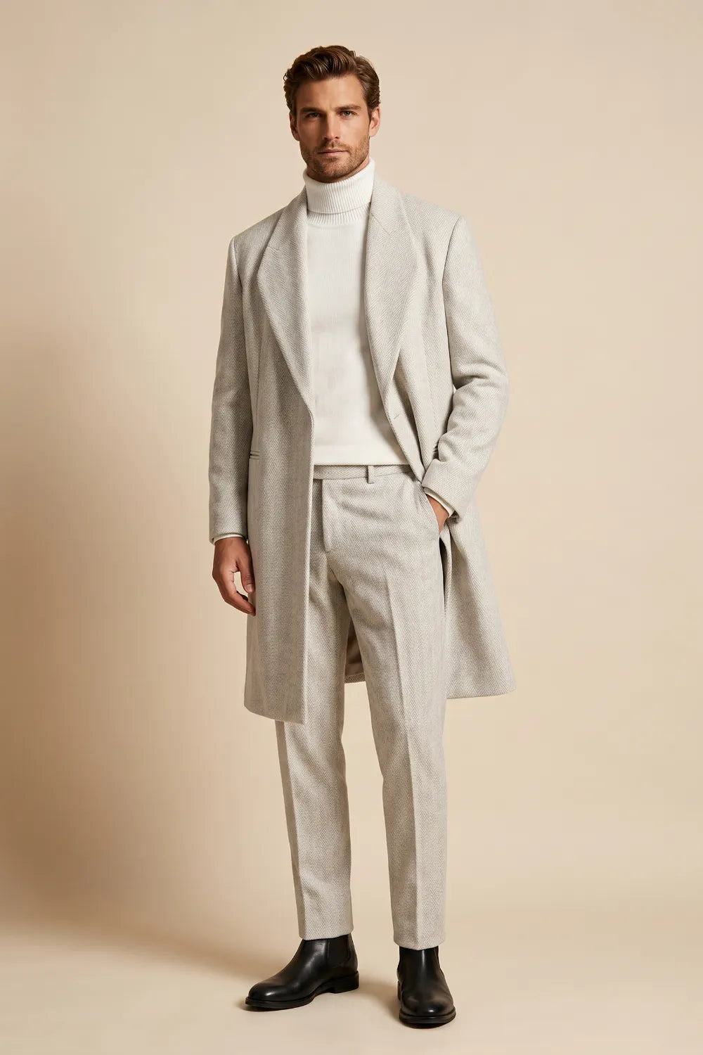 Men's Light Grey Herringbone Wool Overcoat