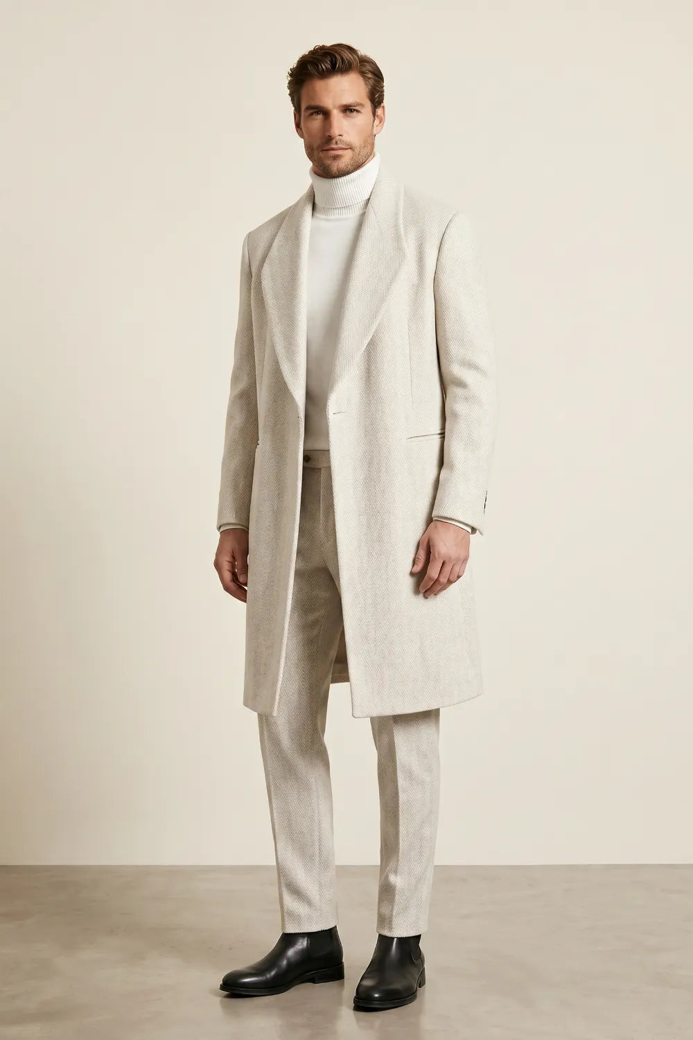 Men's Light Grey Herringbone Wool Overcoat
