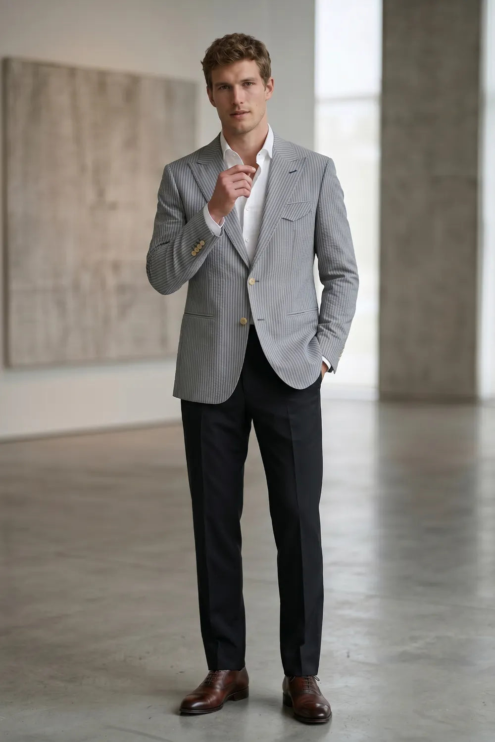 Men's Modern Single-Breasted Pinstripe 2 Piece Suit