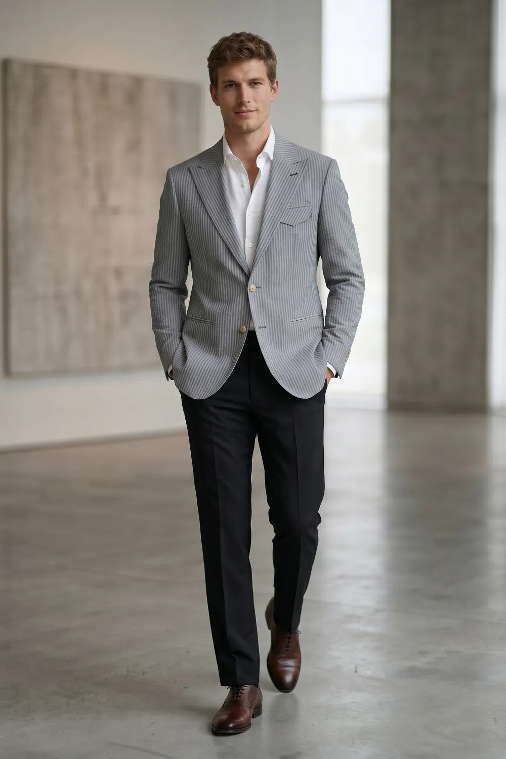Men's Modern Single-Breasted Pinstripe 2 Piece Suit