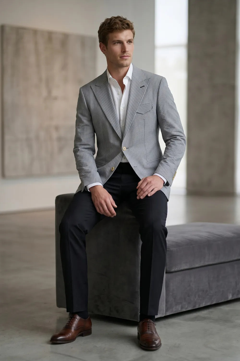 Men's Modern Single-Breasted Pinstripe 2 Piece Suit