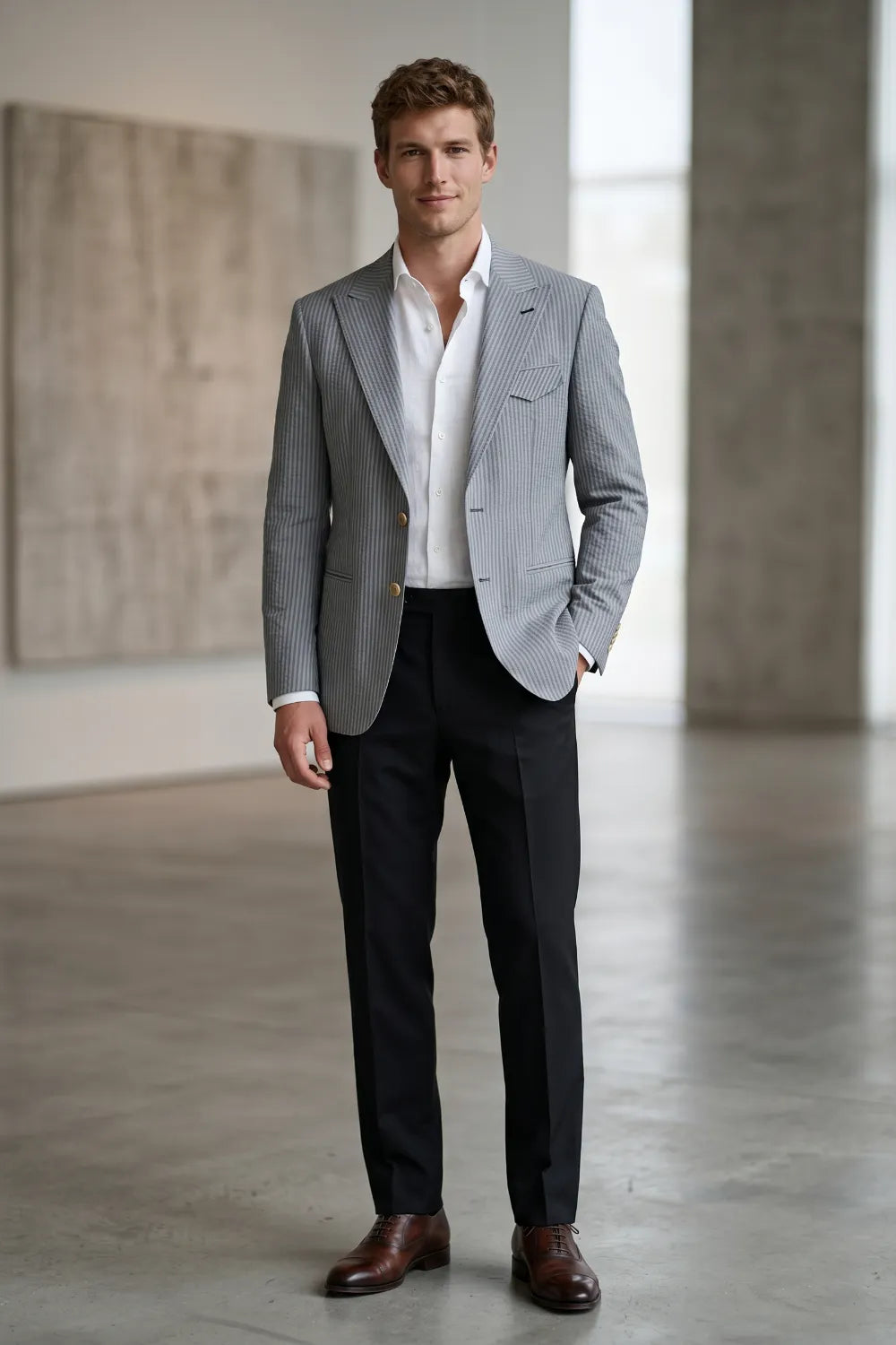 Men's Modern Single-Breasted Pinstripe 2 Piece Suit