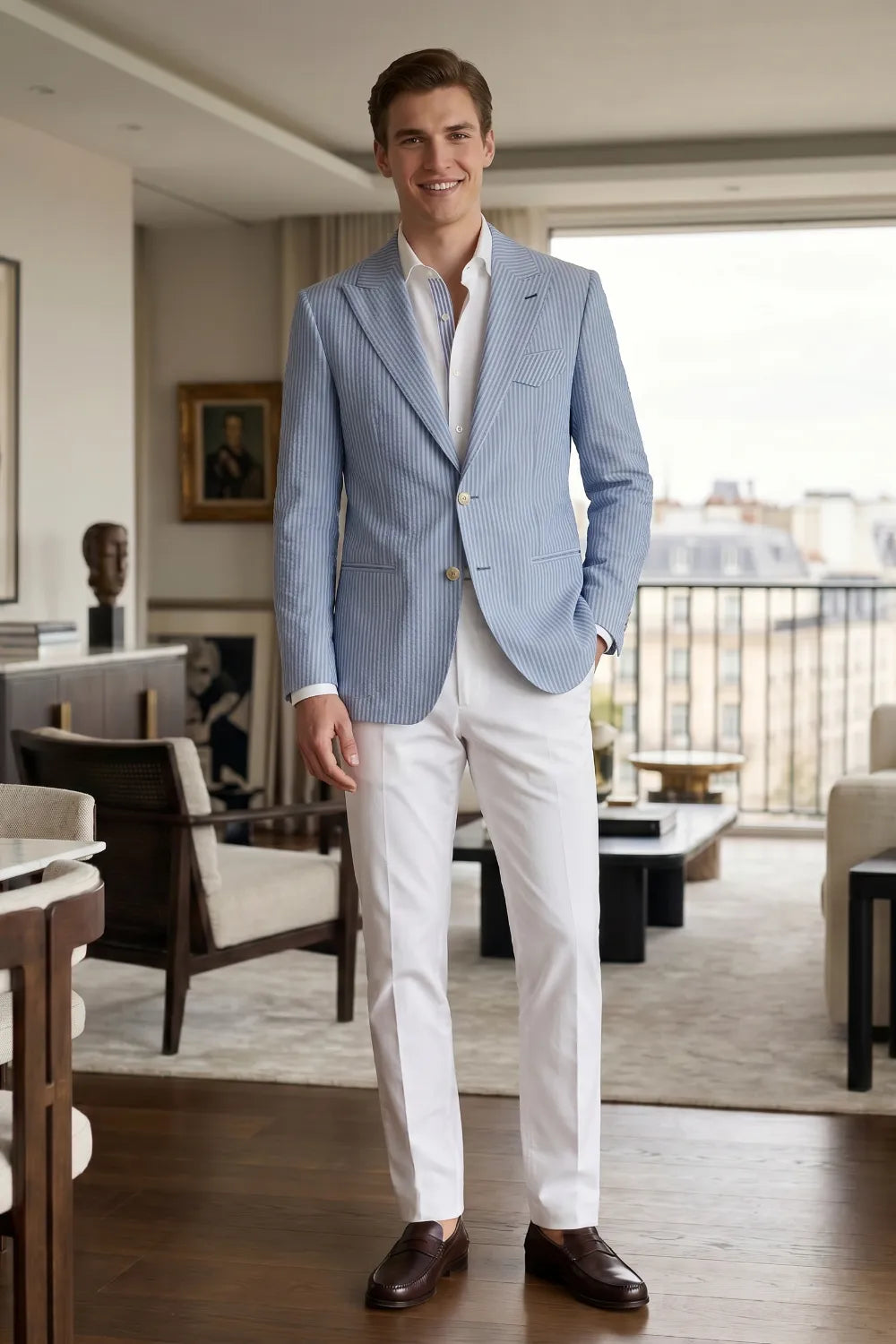 Men's Modern Single-Breasted Pinstripe 2 Piece Suit