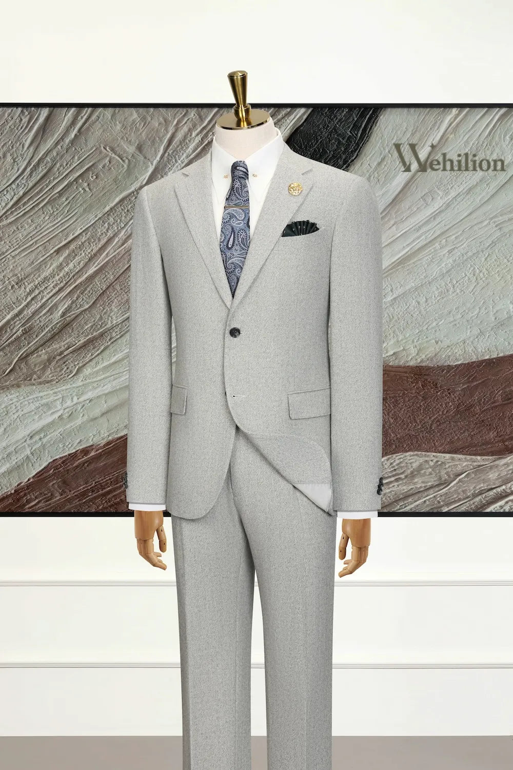 Men's Grey Formal Herringbone 3 Piece Suit