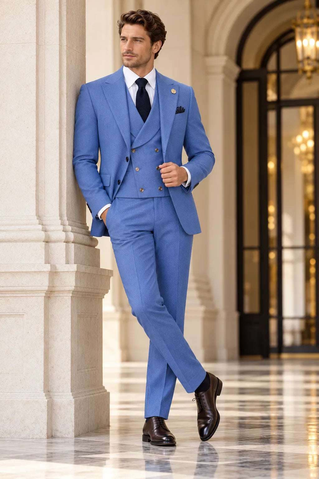 Men's Dusty Blue 3 Piece Suits With Double-Breasted Vest