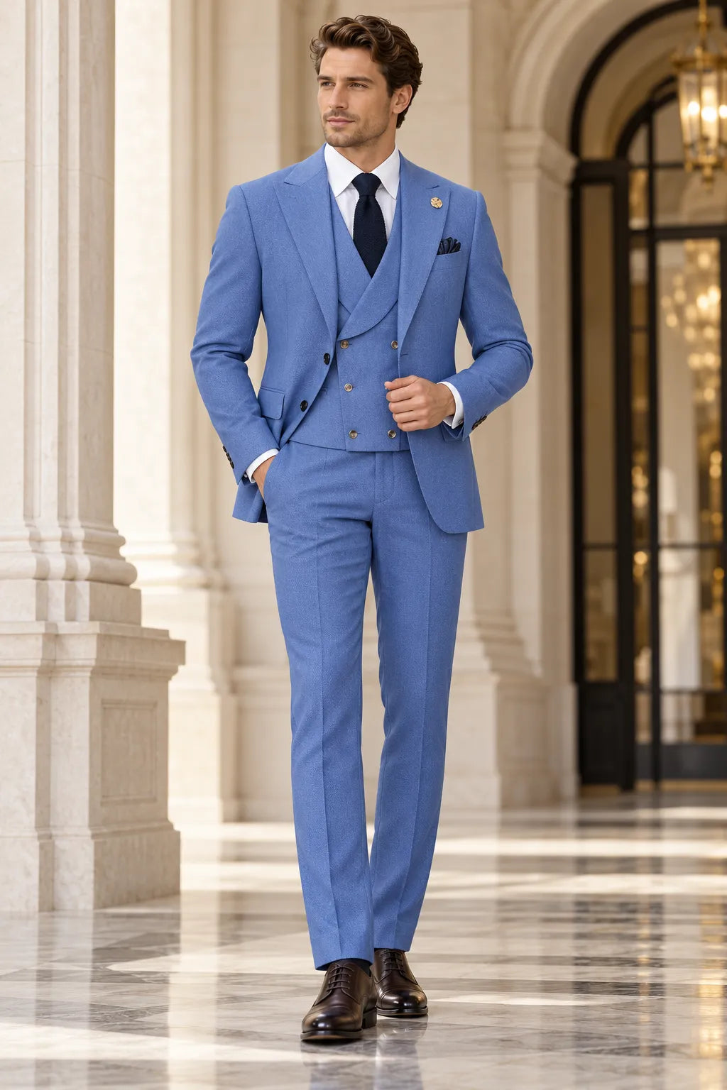Men's Dusty Blue 3 Piece Suits With Double-Breasted Vest
