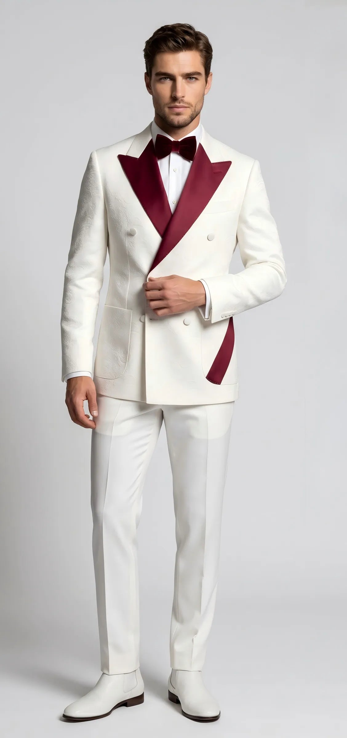Men's White and Burgundy Double Breasted Jacquard Tuxedo Suit