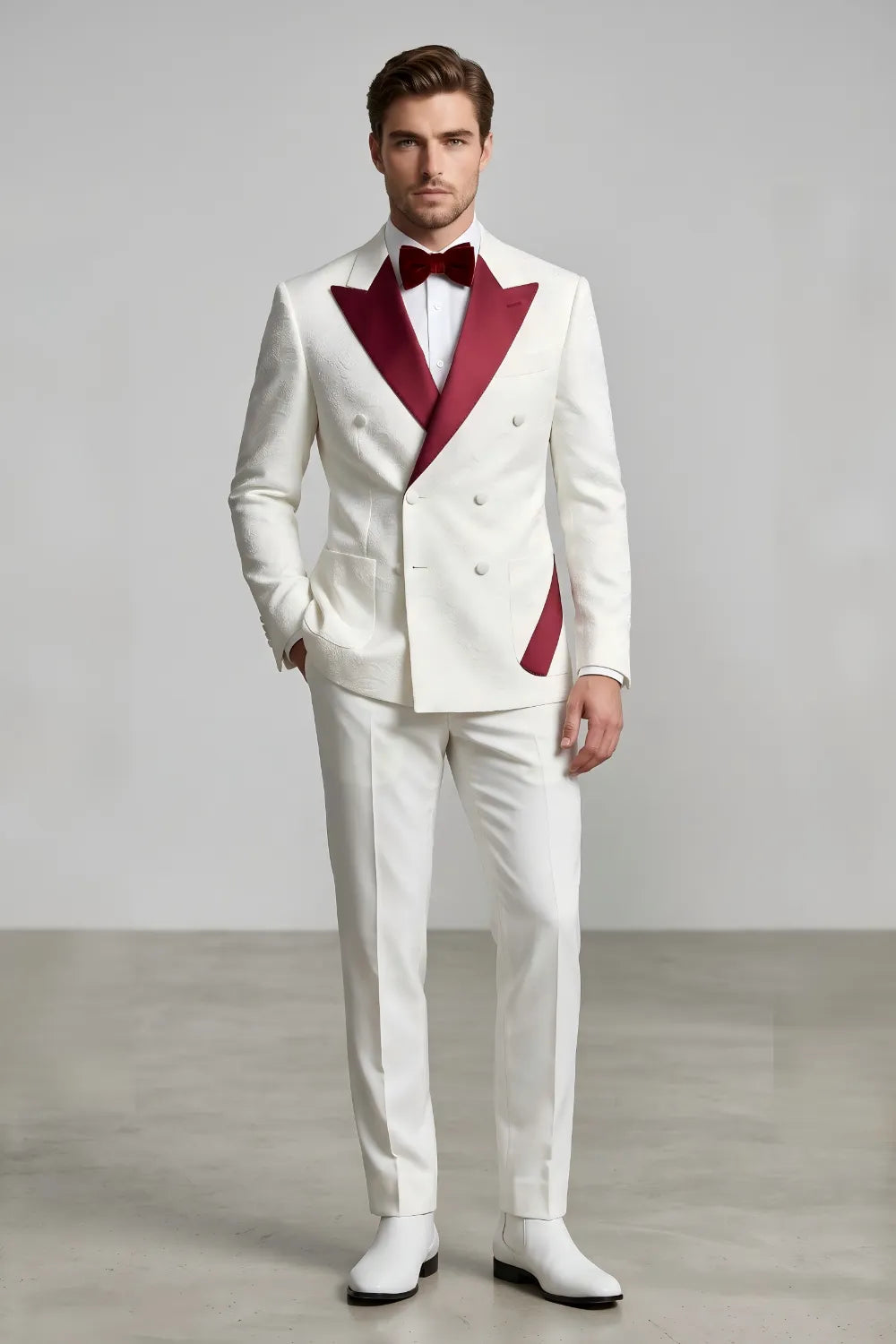 Men's White and Burgundy Double Breasted Jacquard Tuxedo Suit