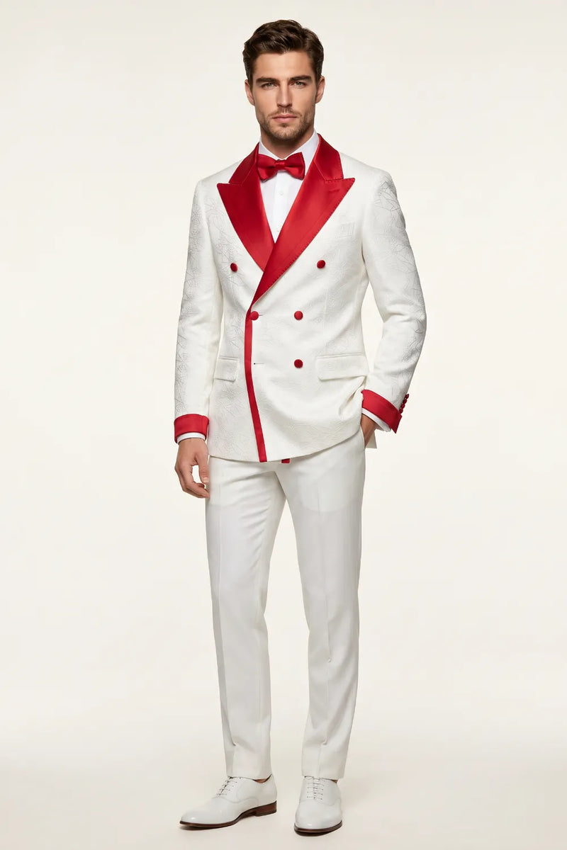 Men's White and Red Satin Peak Lapel 2-Piece Tuxedo Suit