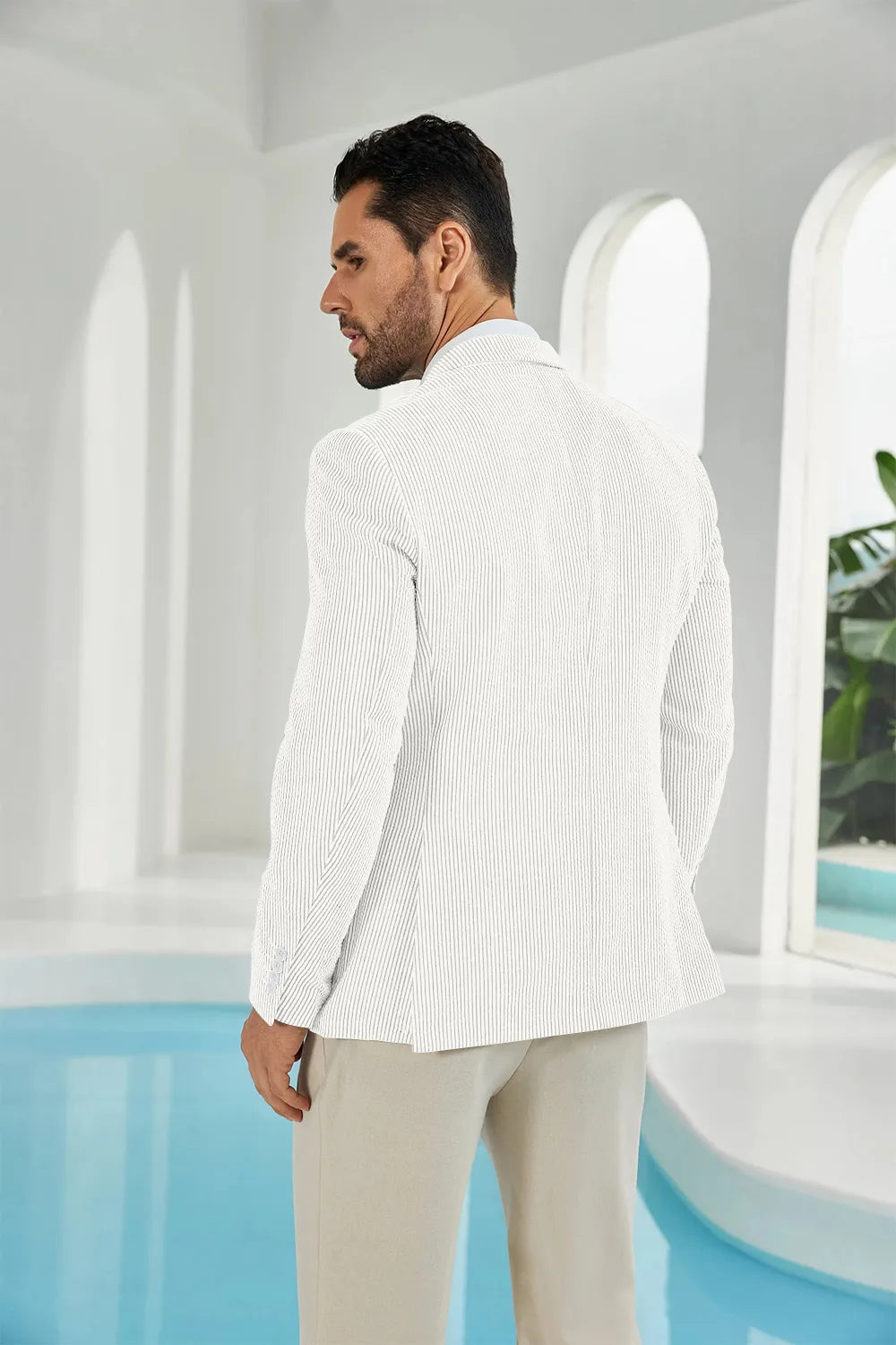 Full white seersucker striped men's summer blazer back display