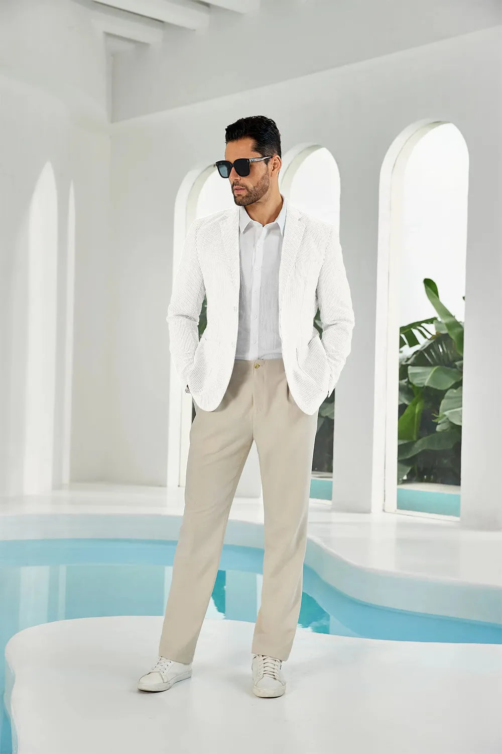 Full white seersucker striped men's summer blazer front display