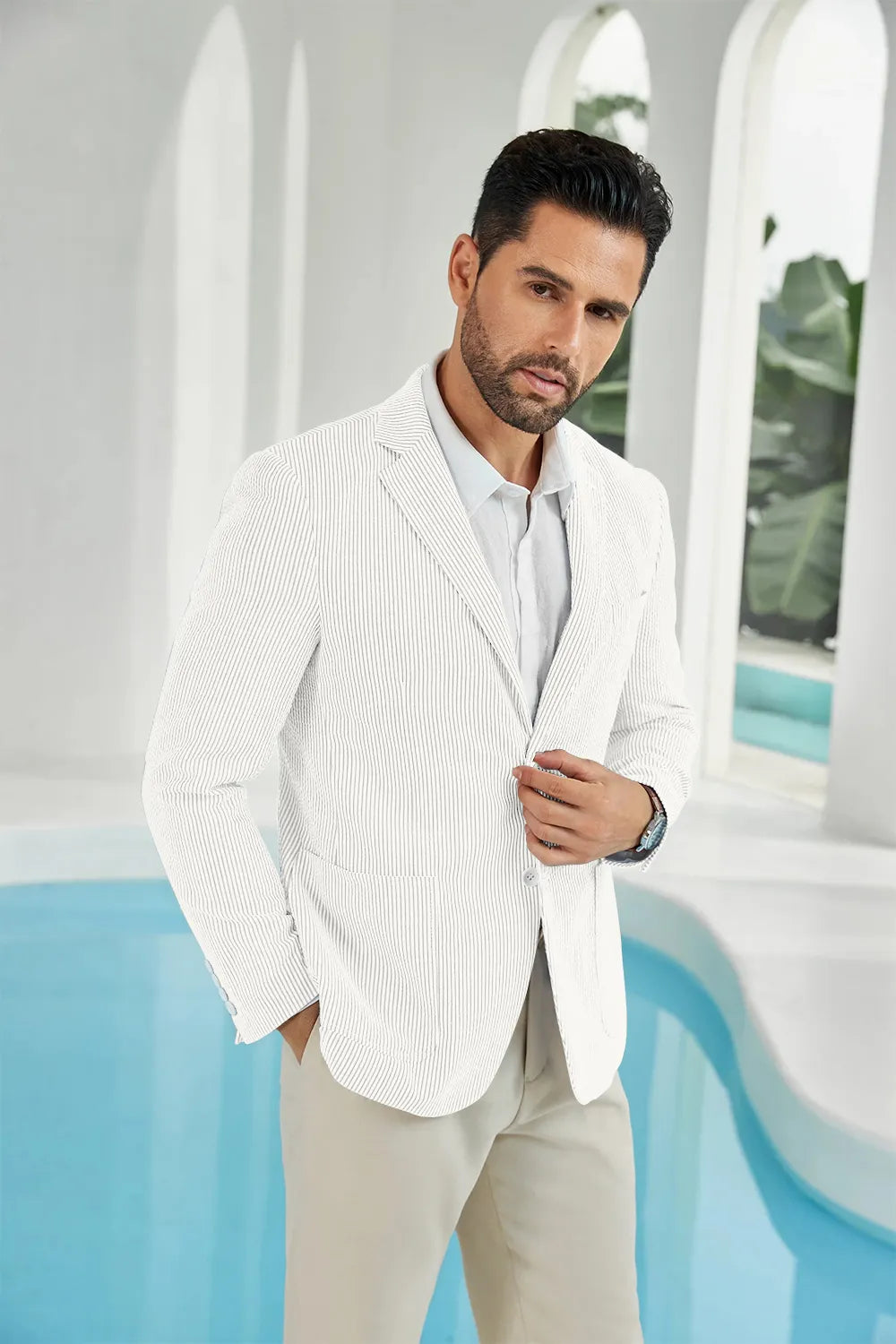 Full white seersucker striped men's summer blazer