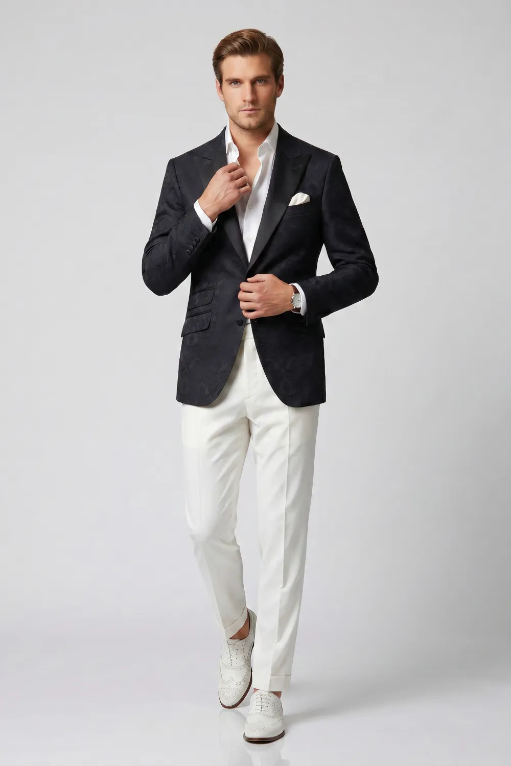 Men's Black Jacquard Peak Lapel 2-Piece Suit