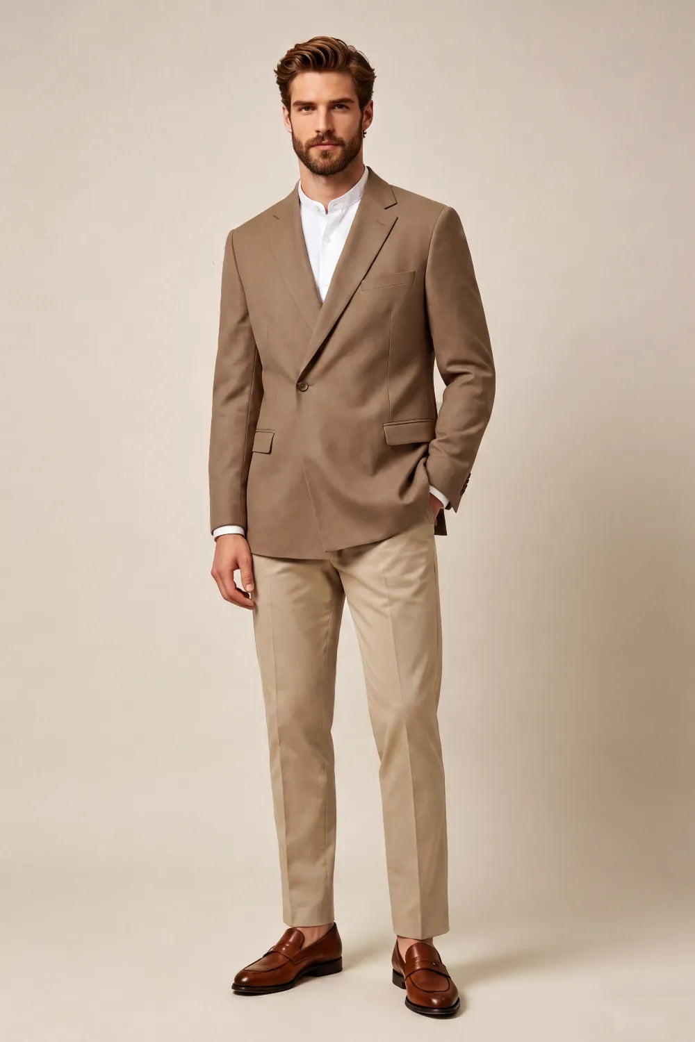 Men's Camel Textured Single Breasted 2 Piece Suit