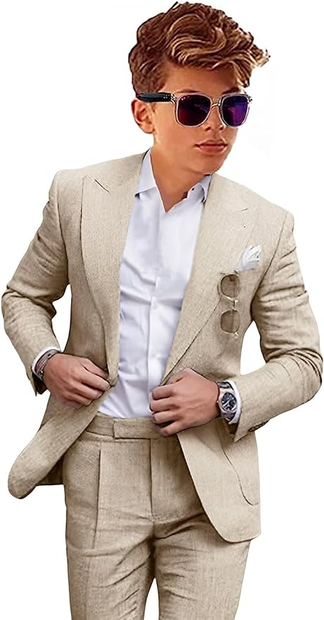 casual dress for boys Boys Linen Summer Casual Peaked Lapel 2 Piece Suit