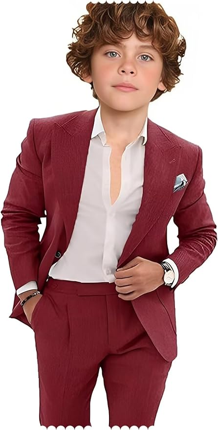 Red boys linen suit with peaked lapel and white shirt – summer 2 piece outfit