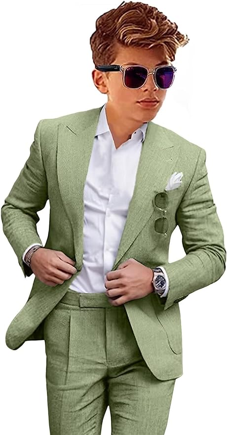 Sage Green boys linen suit with peaked lapel and white shirt – summer 2 piece outfit