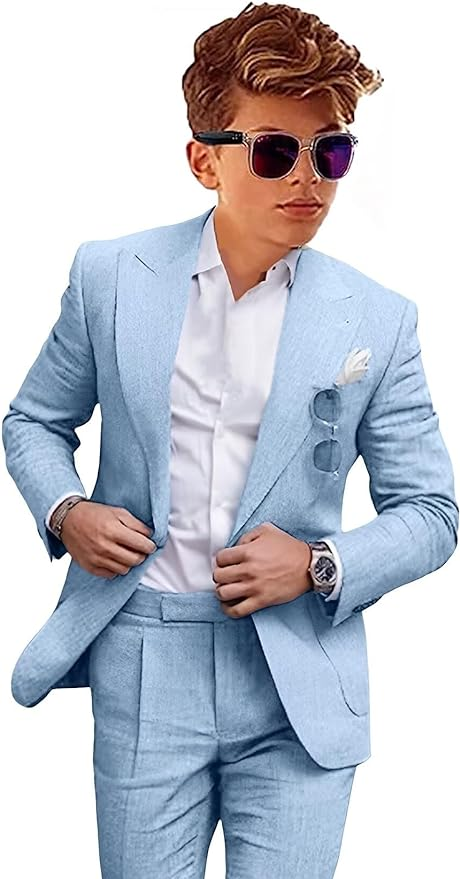 Sky Blue boys linen suit with peaked lapel and white shirt – summer 2 piece outfit