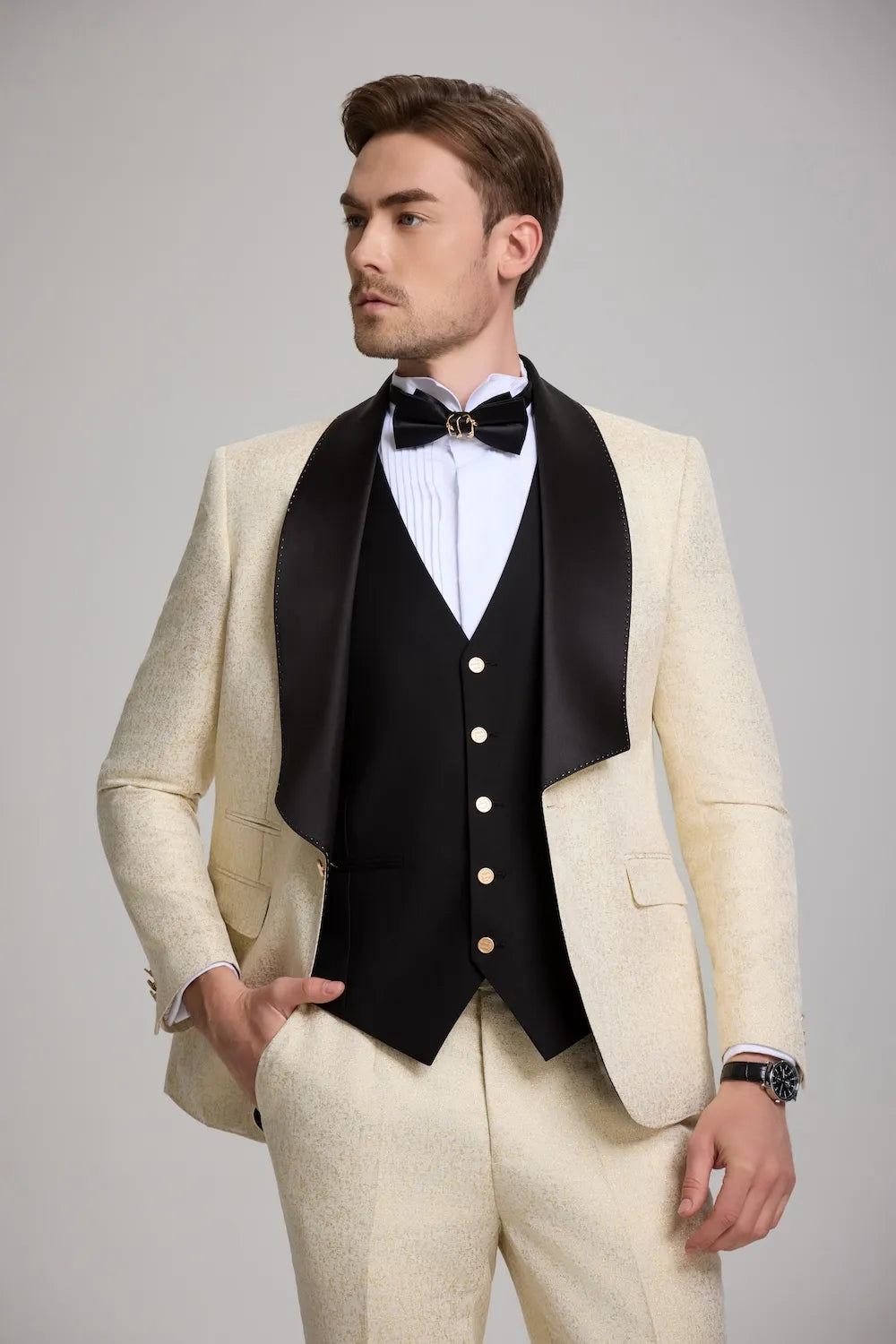Elegant gold 3-piece formal suit with black vest and matching jacket for prom and formal events.
