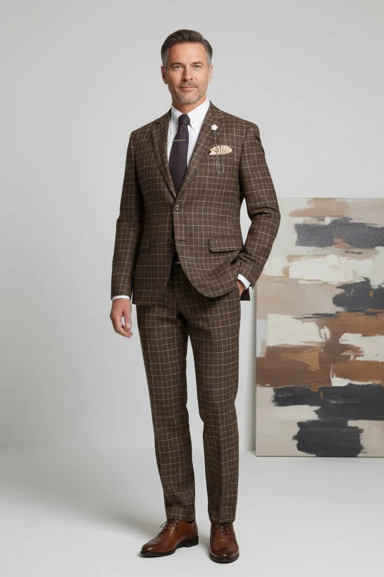 Men's Check Pattern Herringbone 2 Piece Suit