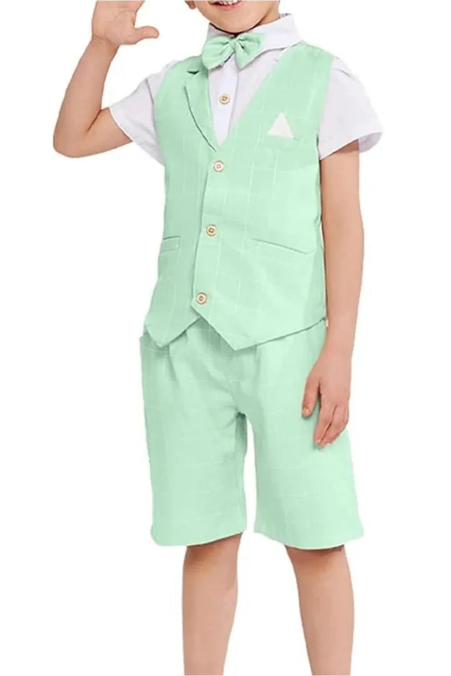green plaid boys 4 piece suit with vest, shorts, and matching tie for formal summer events