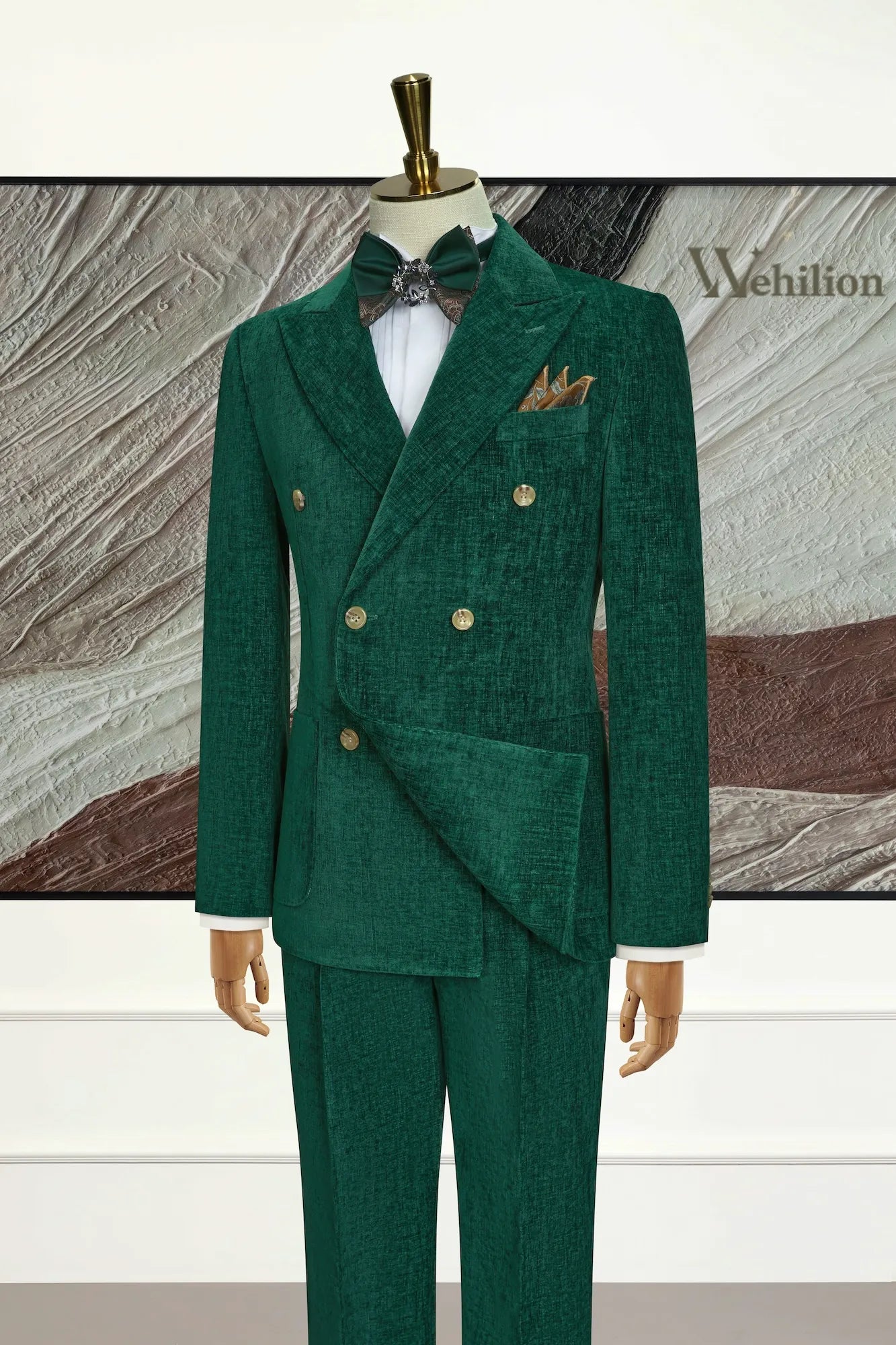 Men's Green Corduroy Peak Lapel 3 Piece Suit