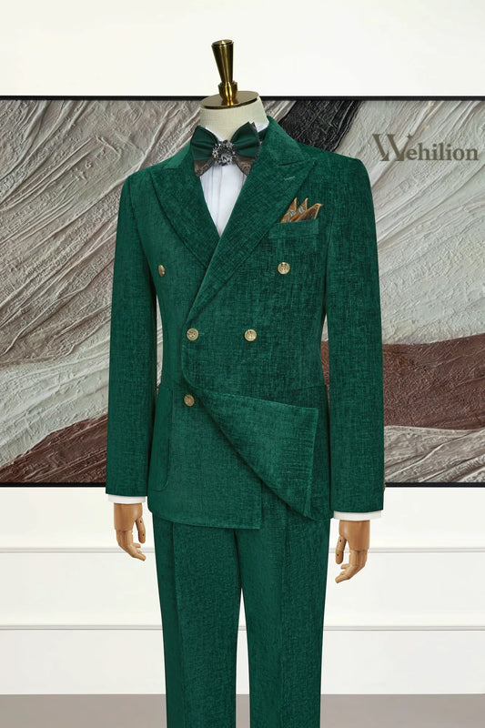 Men's Green Corduroy Peak Lapel 3 Piece Suit
