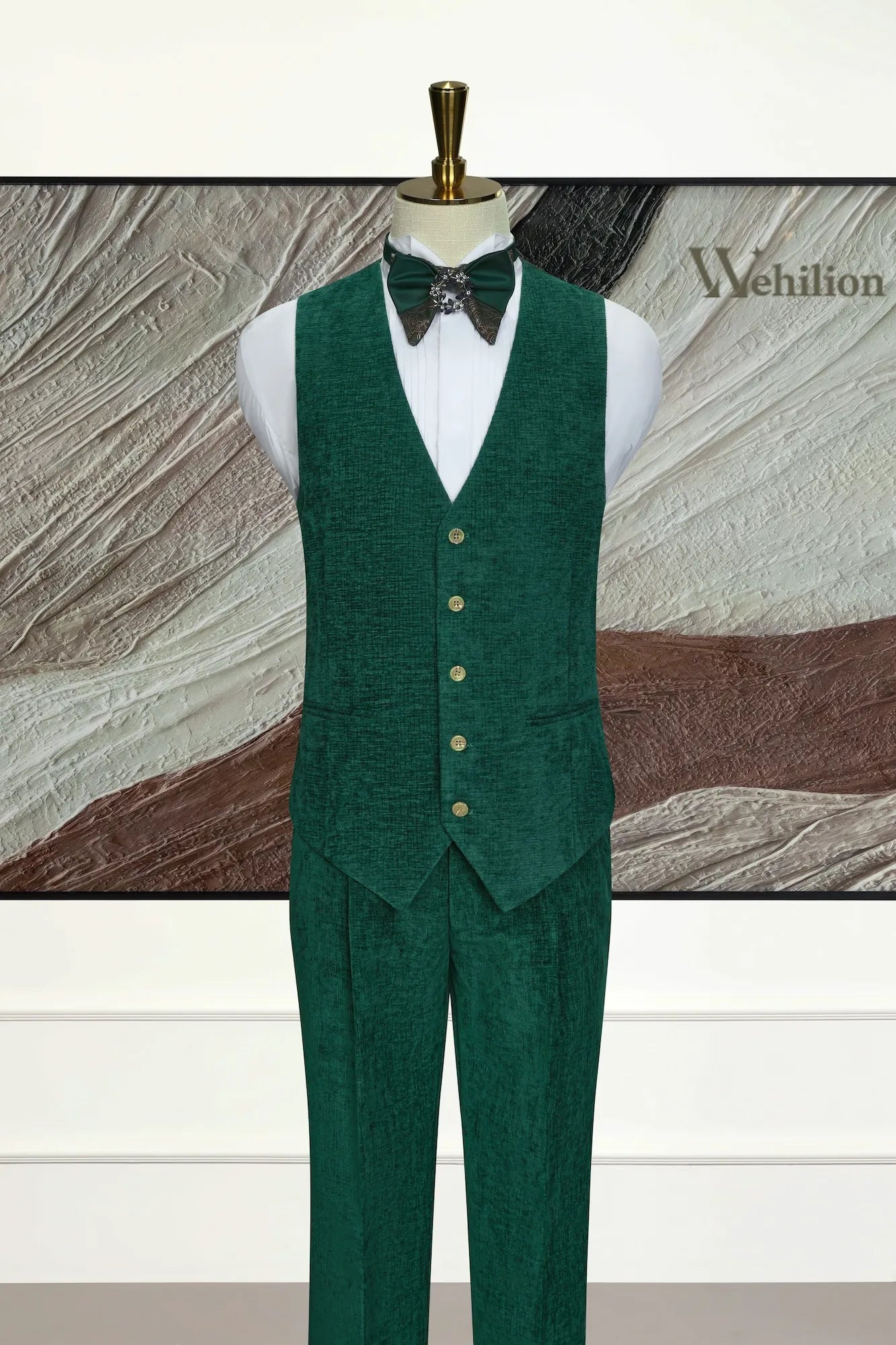 Men's Green Corduroy Peak Lapel 3 Piece Suit