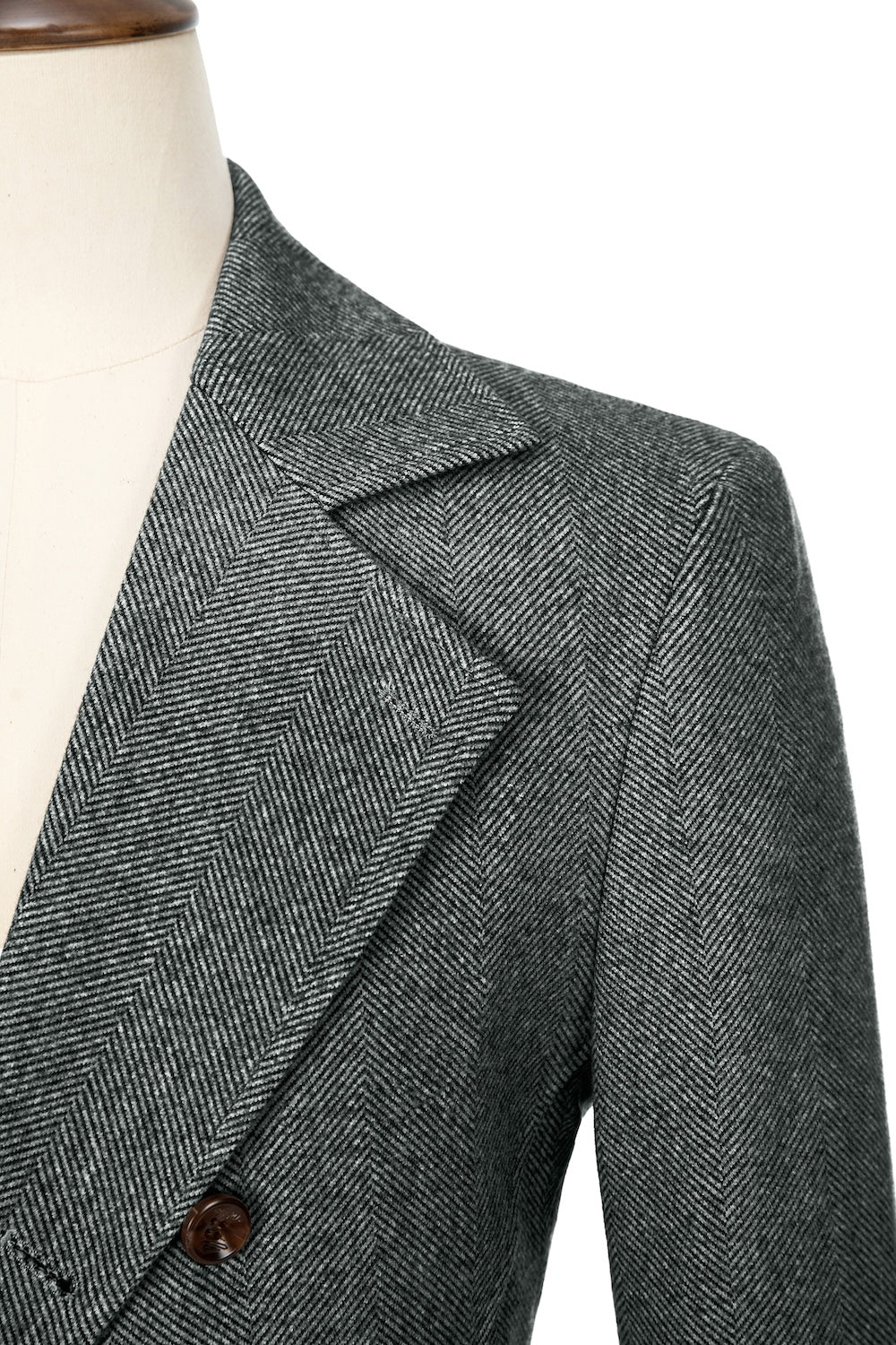Green close-up of lapel detail on double-breasted wool coat
