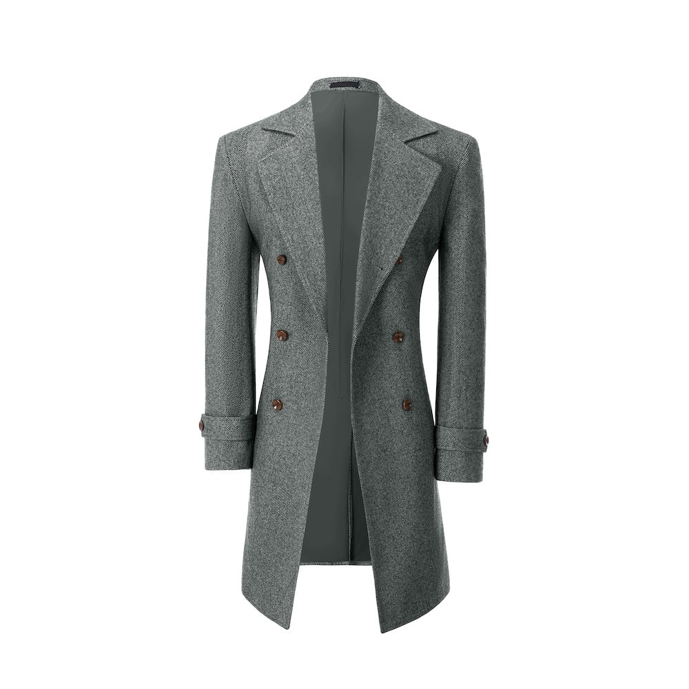 Green winter overcoat for men – open front wool design